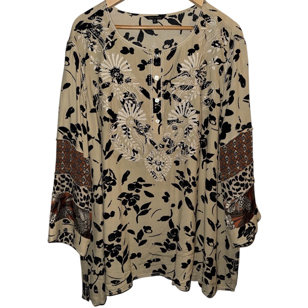 John Mark Size 2X Stitch Floral Blouse 3/4 Flounce Sleeve Artsy Minimalist